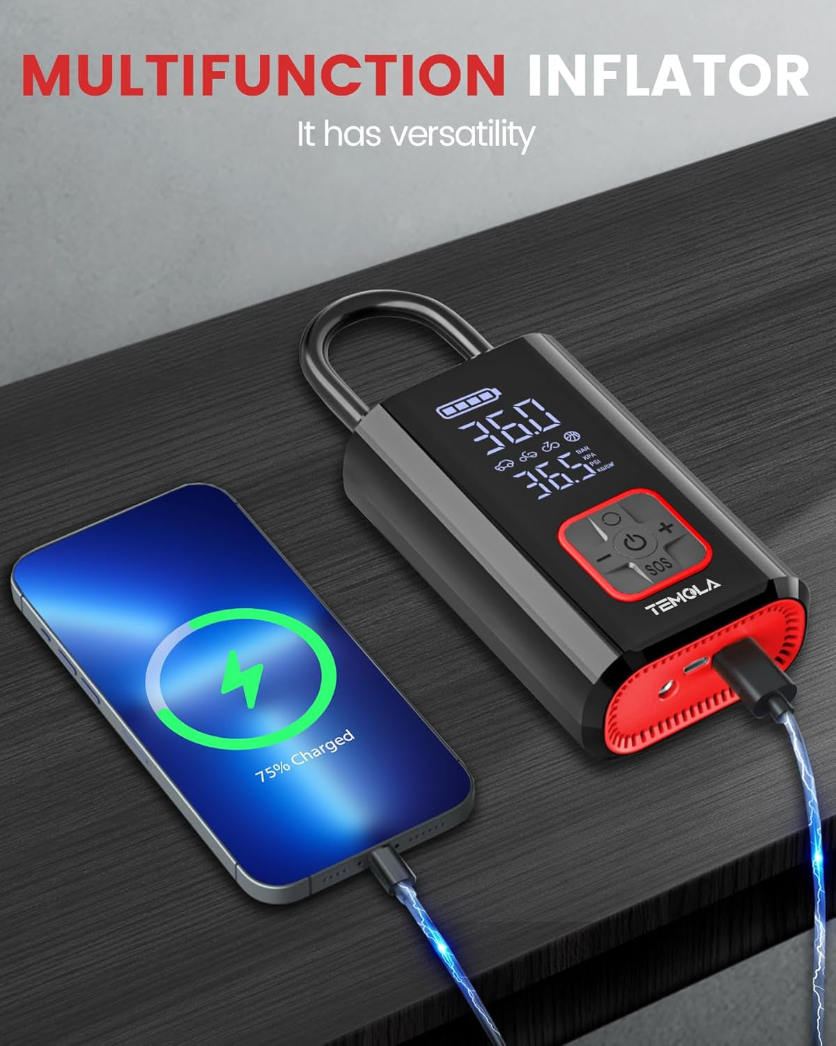 TEMOLA Compresor Aire Coche Portatil, DC 12V Mini Bomba De Aire, 150PSI Inflador Ruedas Coche De Coche Con Manómetro Digital, Luz LED Para Neumáticos De Coche, Motocicleta,