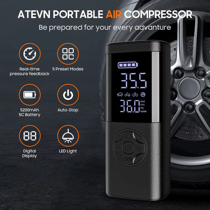 Cordless Car Tire Inflator Portable Air Compressor, 150 PSI Air Pump with Pressure Gauge, for Bicycle Bikes Motorcycles Balls