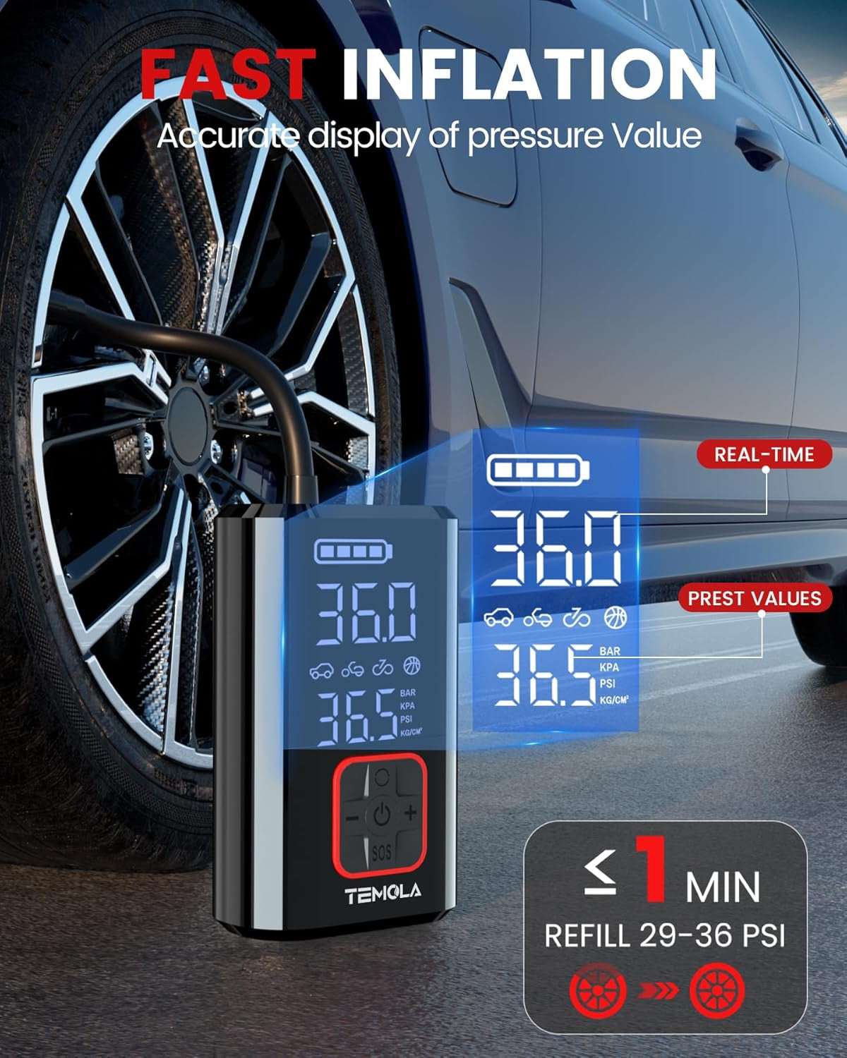 TEMOLA Compresor Aire Coche Portatil, DC 12V Mini Bomba De Aire, 150PSI Inflador Ruedas Coche De Coche Con Manómetro Digital, Luz LED Para Neumáticos De Coche, Motocicleta,