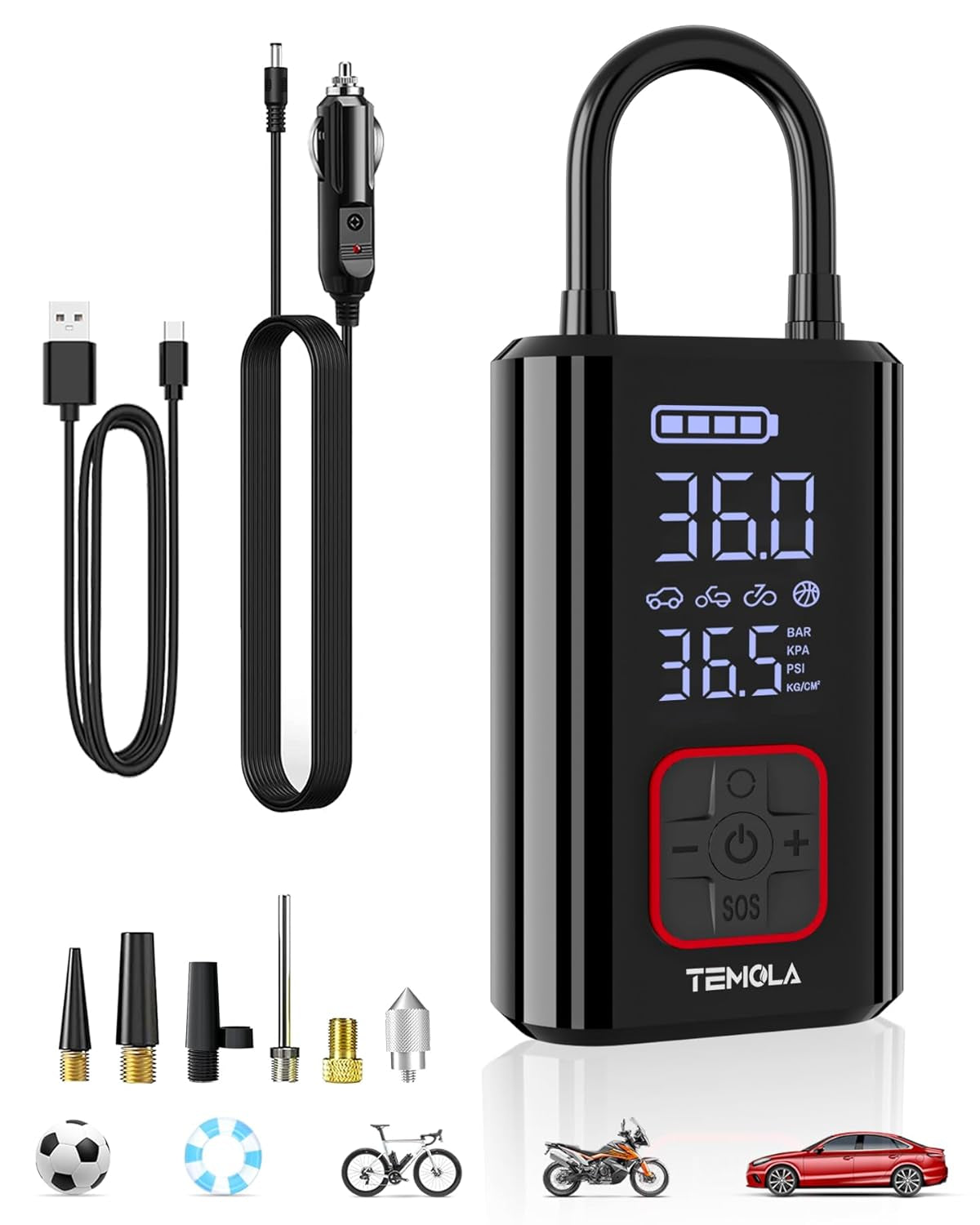 TEMOLA Compresor Aire Coche Portatil, DC 12V Mini Bomba De Aire, 150PSI Inflador Ruedas Coche De Coche Con Manómetro Digital, Luz LED Para Neumáticos De Coche, Motocicleta,